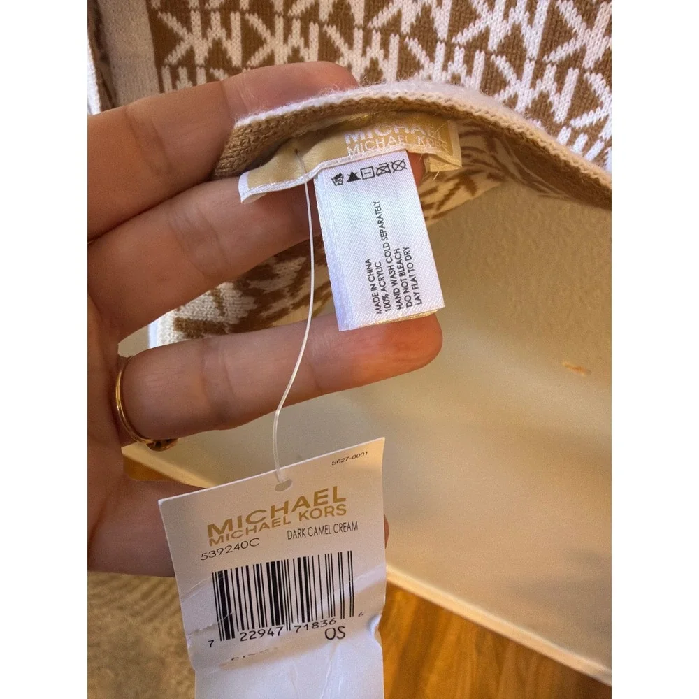 Michael Kors Scarf Womens OS Dark Camel Cream Monogram Knit Logo Winter Fall